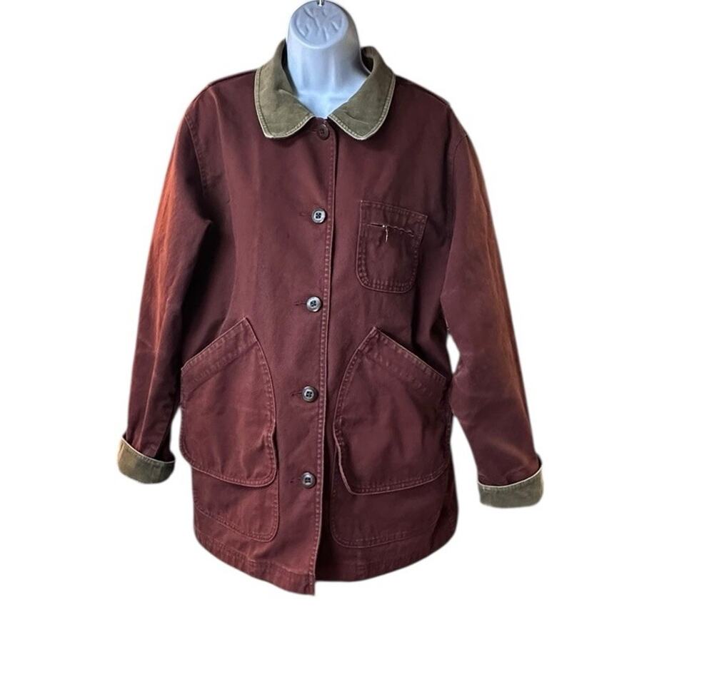 L. Bean Women’s Barn Coat Jacket L Canvas Chore Rust Red Corduroy Collar